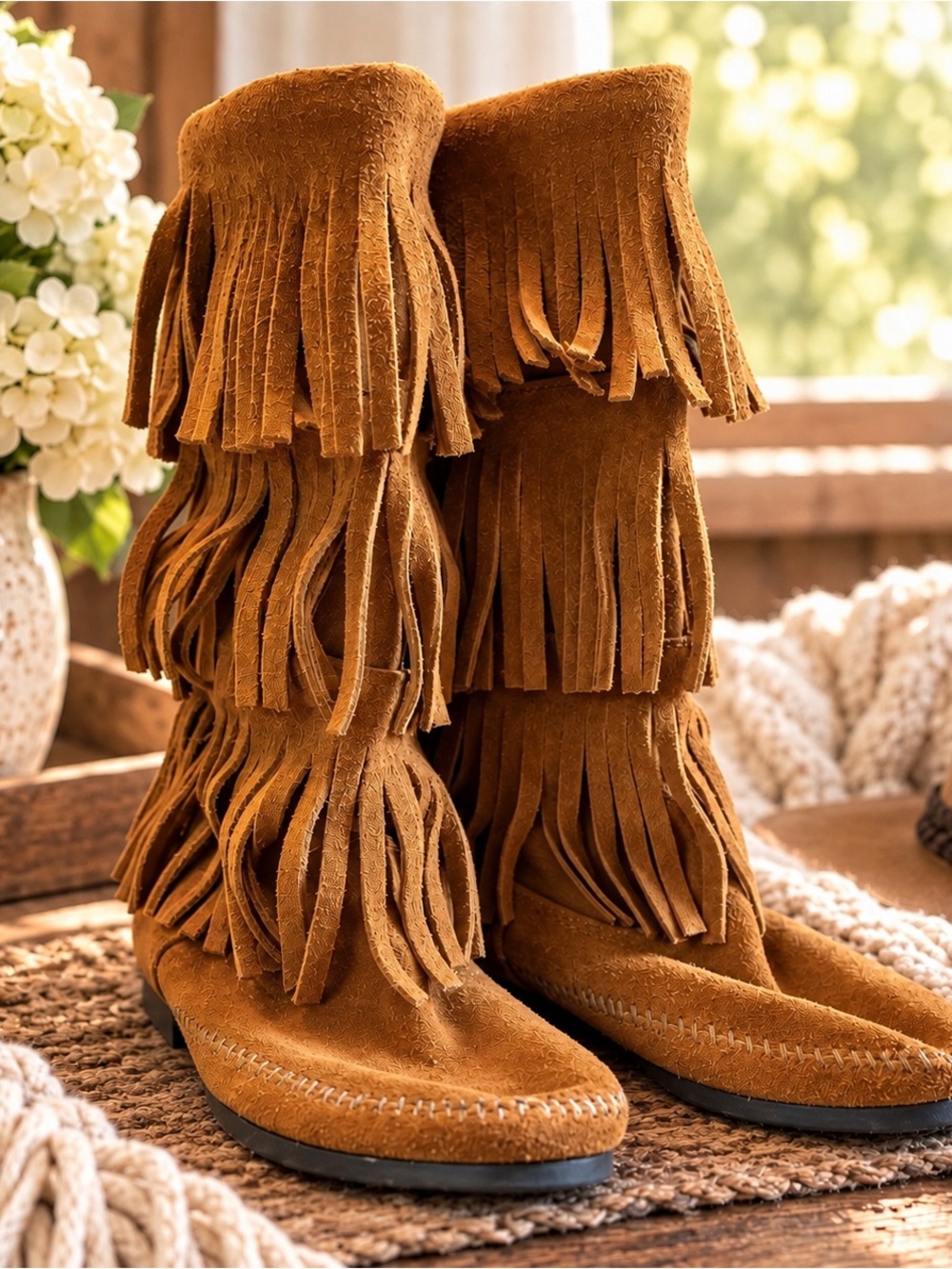 Minnetonka 1632 Brown Suede 3 Layer Fringe Moccasin Boots Boho Western - Picture 3 of 12